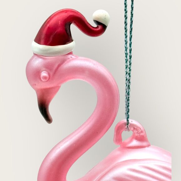 Glass Pink Flamingo with Santa Hat Christmas Ornament White Iridescent String - Picture 3 of 3